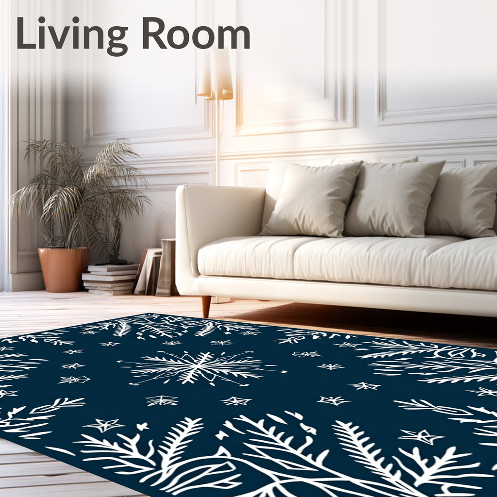 White Snowflake Foliage Navy Blue Rug