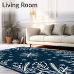 White Snowflake Foliage Navy Blue Rug