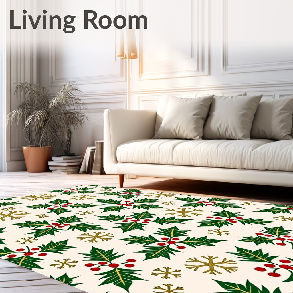 Festive Holly Berry Gold Snowflake Rug