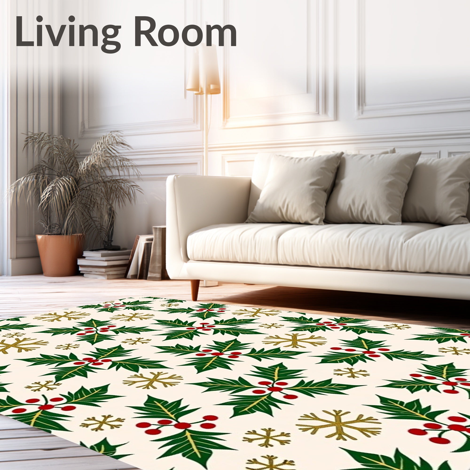 Festive Holly Berry Gold Snowflake Rug