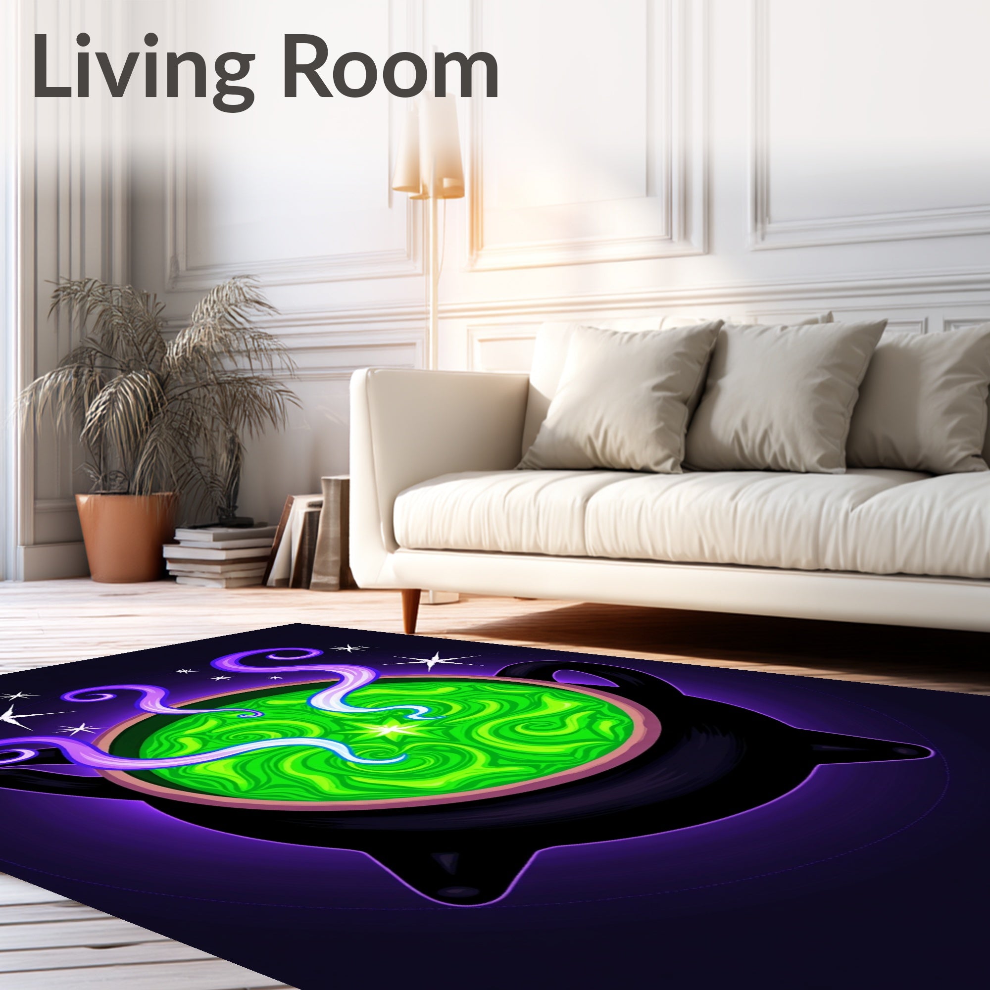 Witchy Cauldron Green Swirls Stars Rug