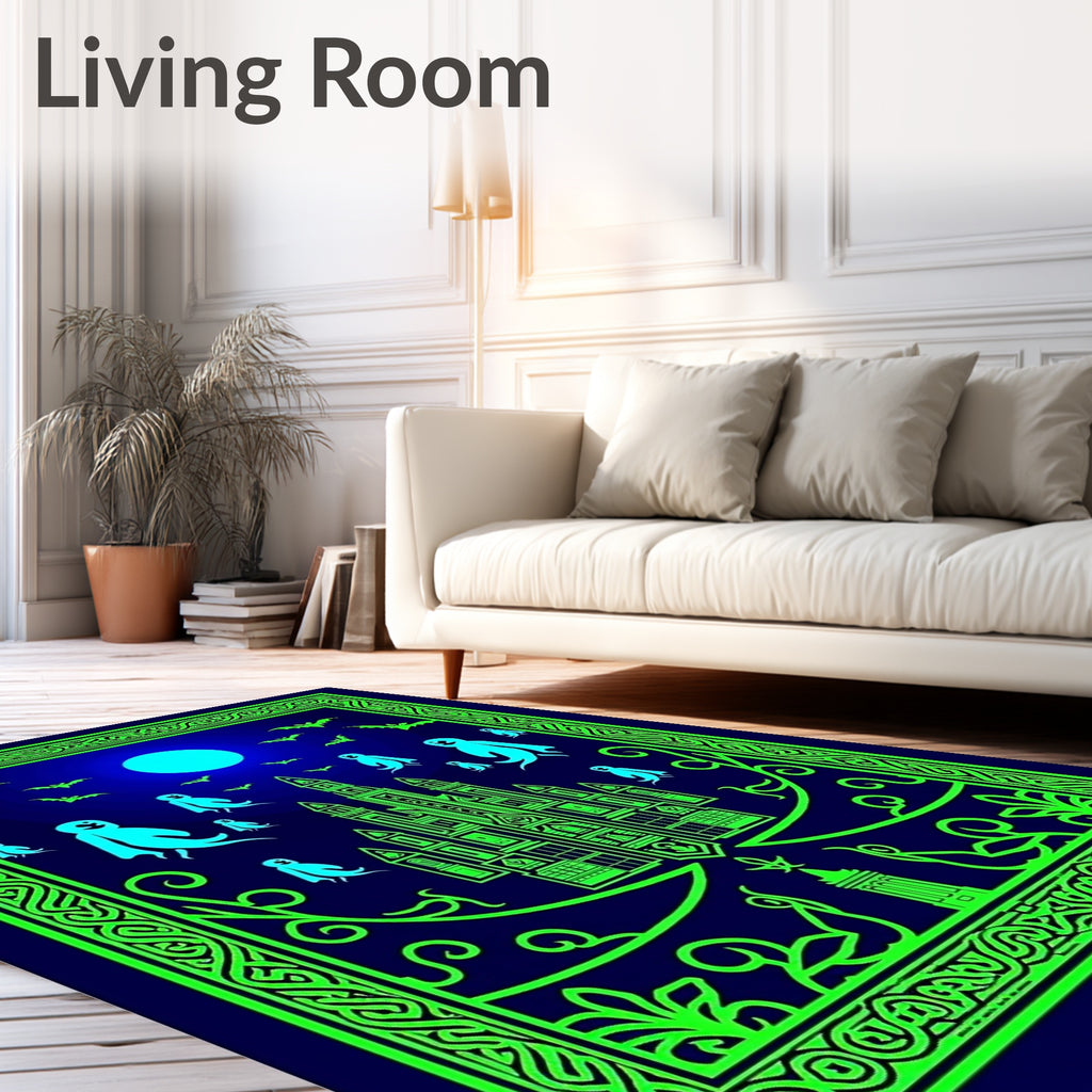 Eerie Neon Gothic Castle Ghost Moon Bats Rug
