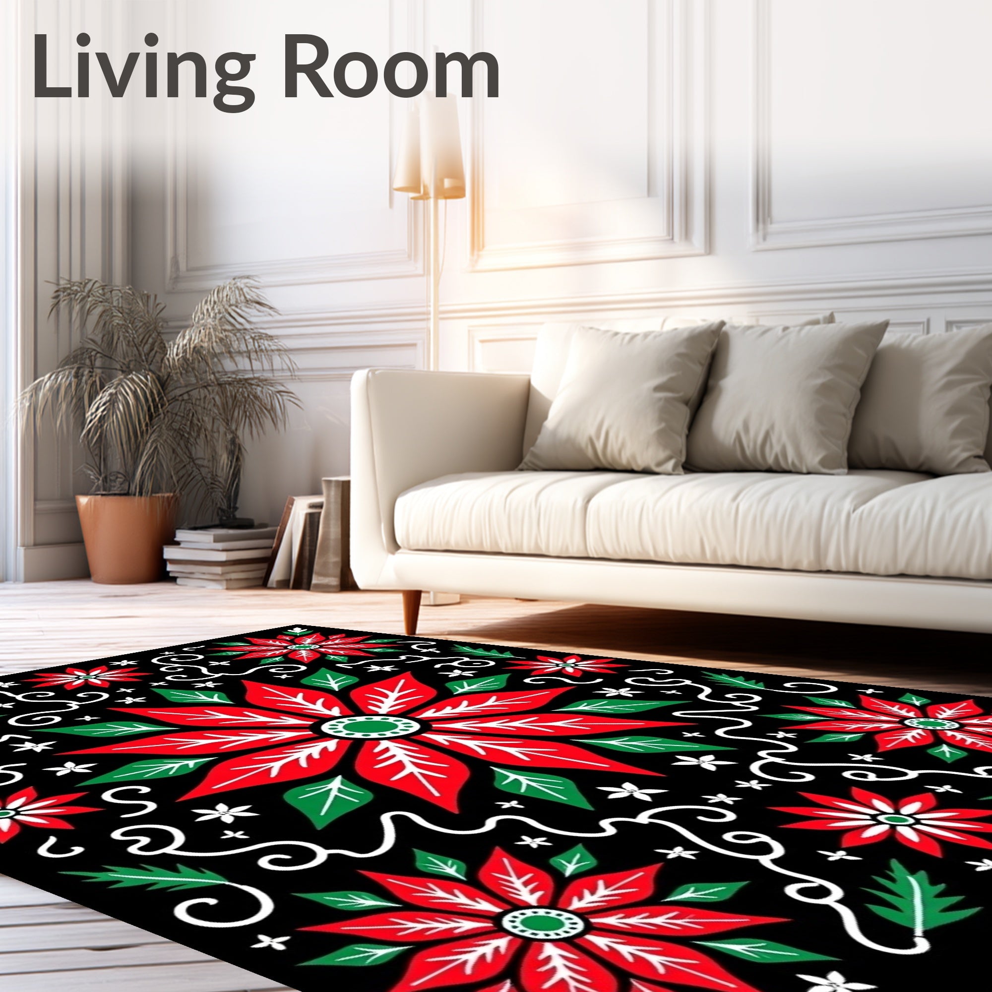 Red Poinsettia White Swirl Floral Rug