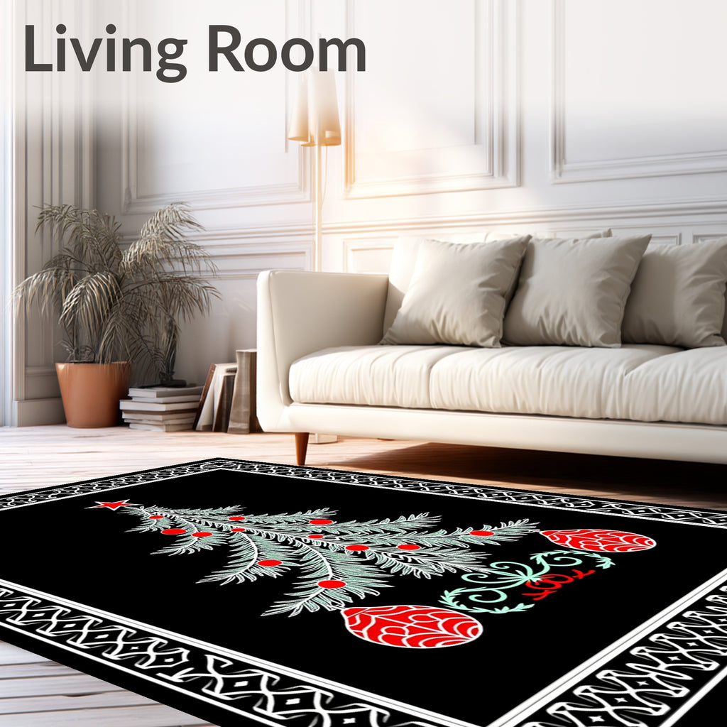 Festive Green Christmas Tree Red Ornaments Rug