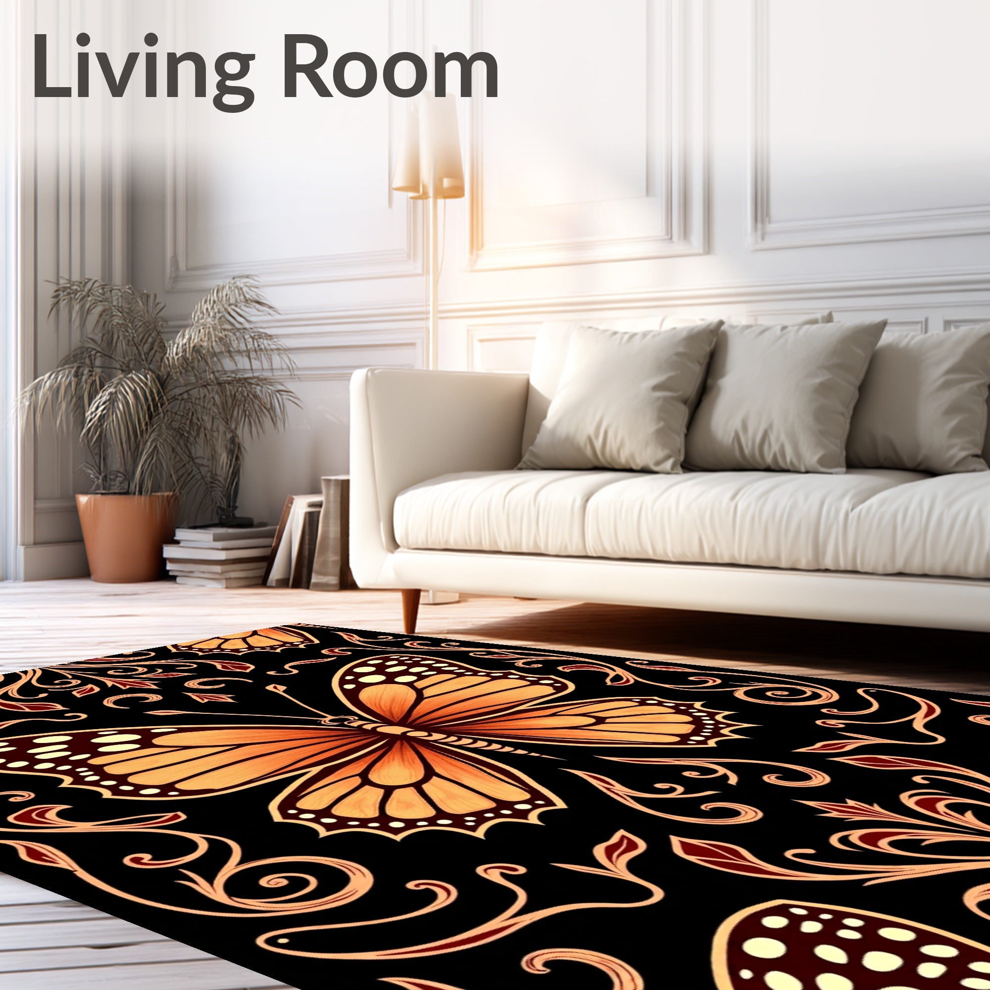Vibrant Orange Butterfly Damask Rug