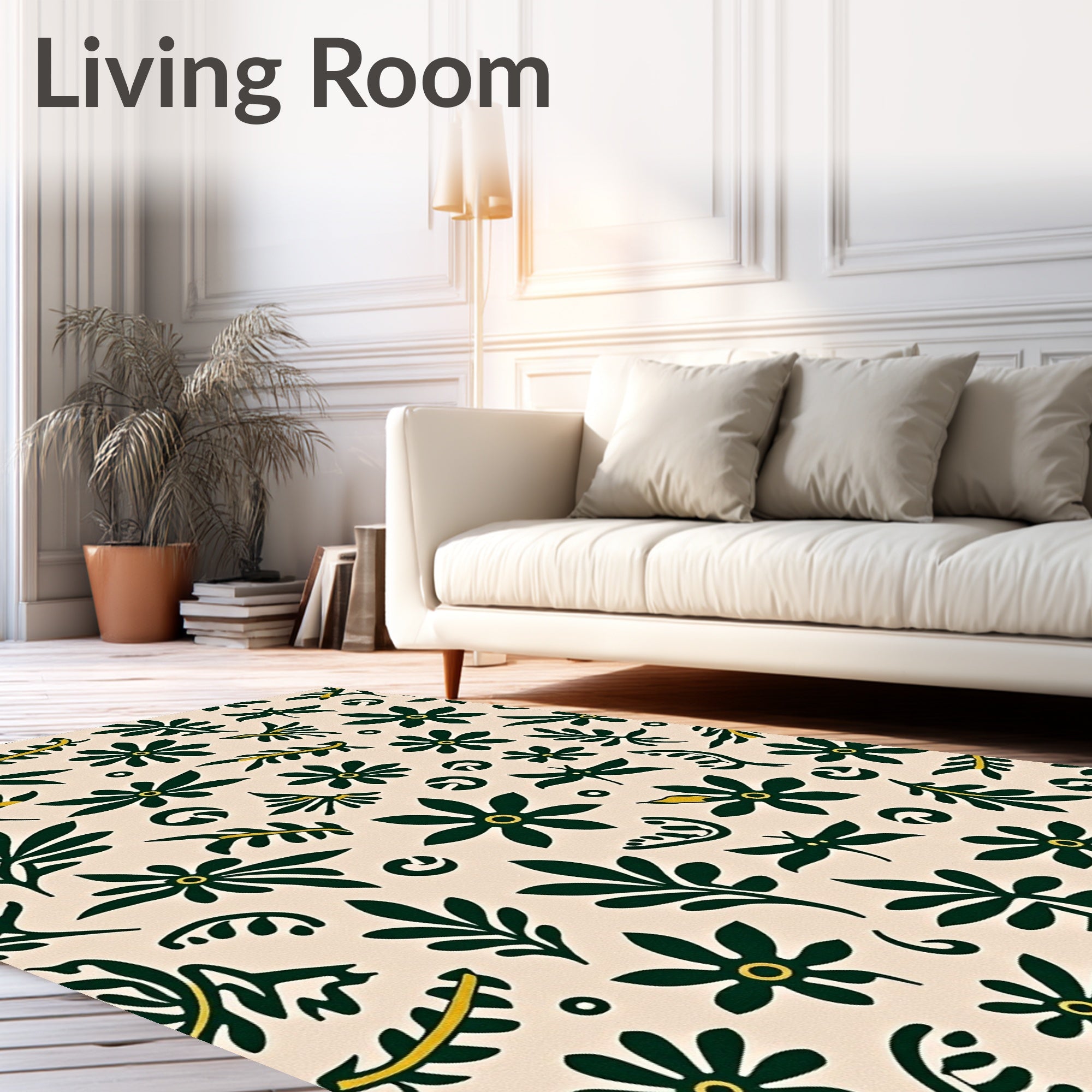 Dark Green Blooming Floral Ivory Scatter Rug