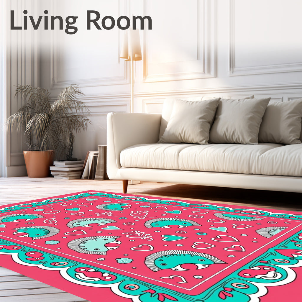 Whimsical Teal Hearts Quirky Creatures Rug