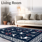 Deep Blue Nordic Reindeer Folk Art Rug