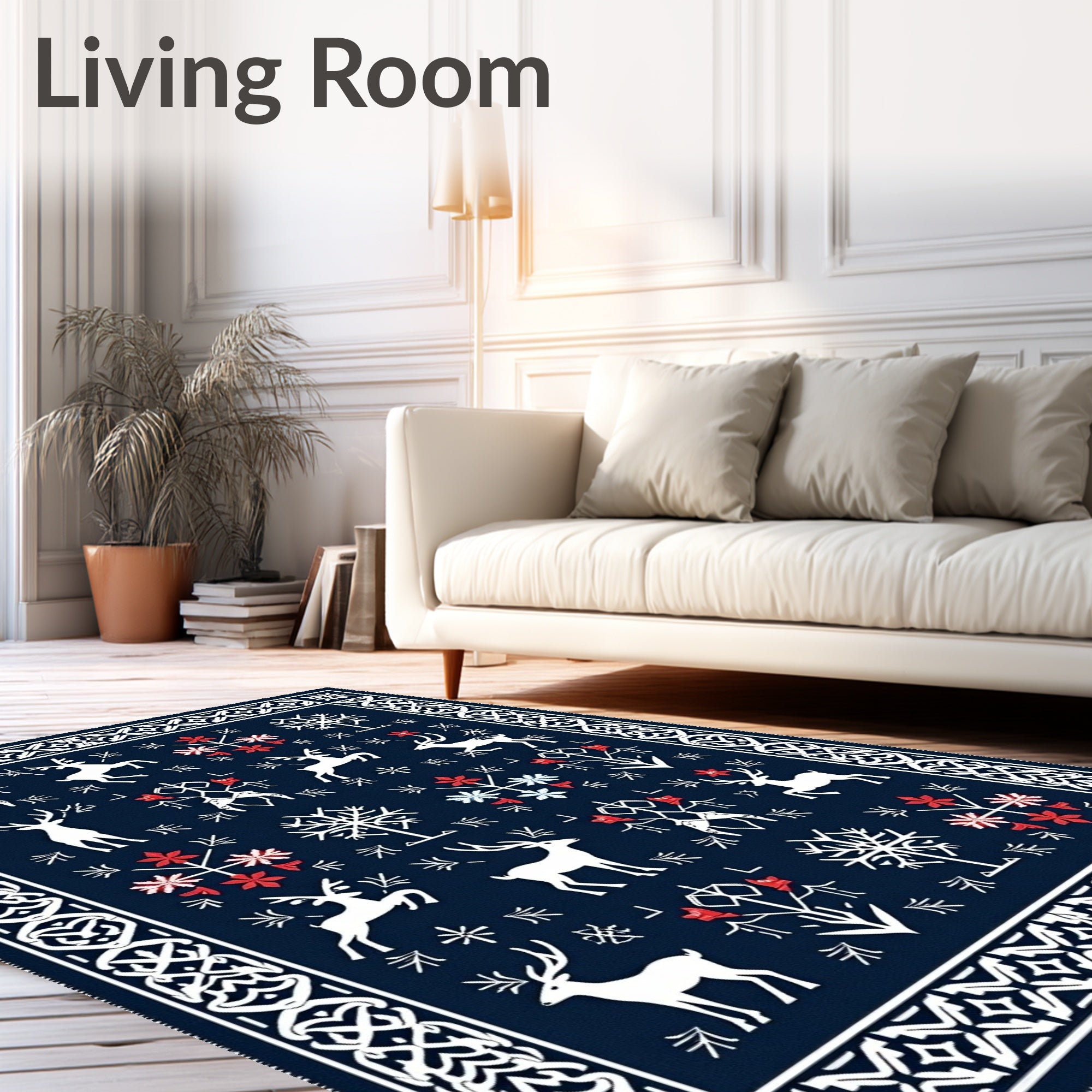 Deep Blue Nordic Reindeer Folk Art Rug