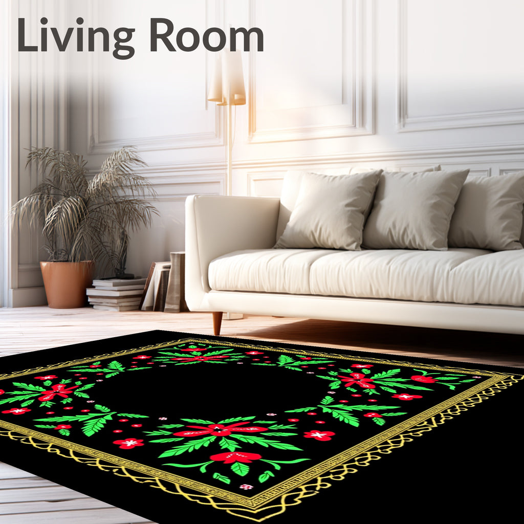 Classic Red Green Floral Border Rug