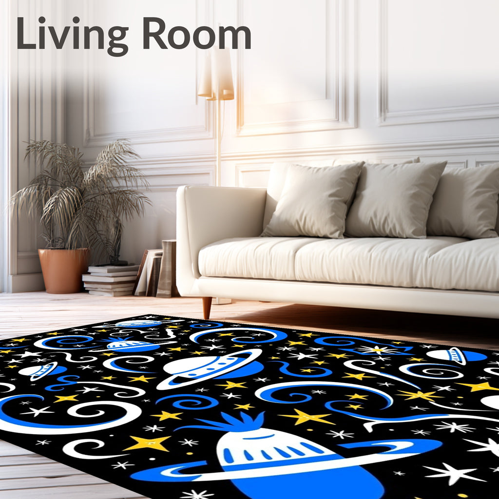Cosmic Blue White Yellow Planets Swirls Rug