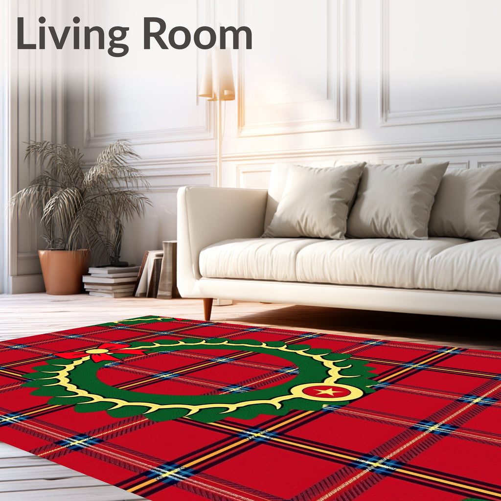 Festive Red Plaid Christmas Wreath Rug