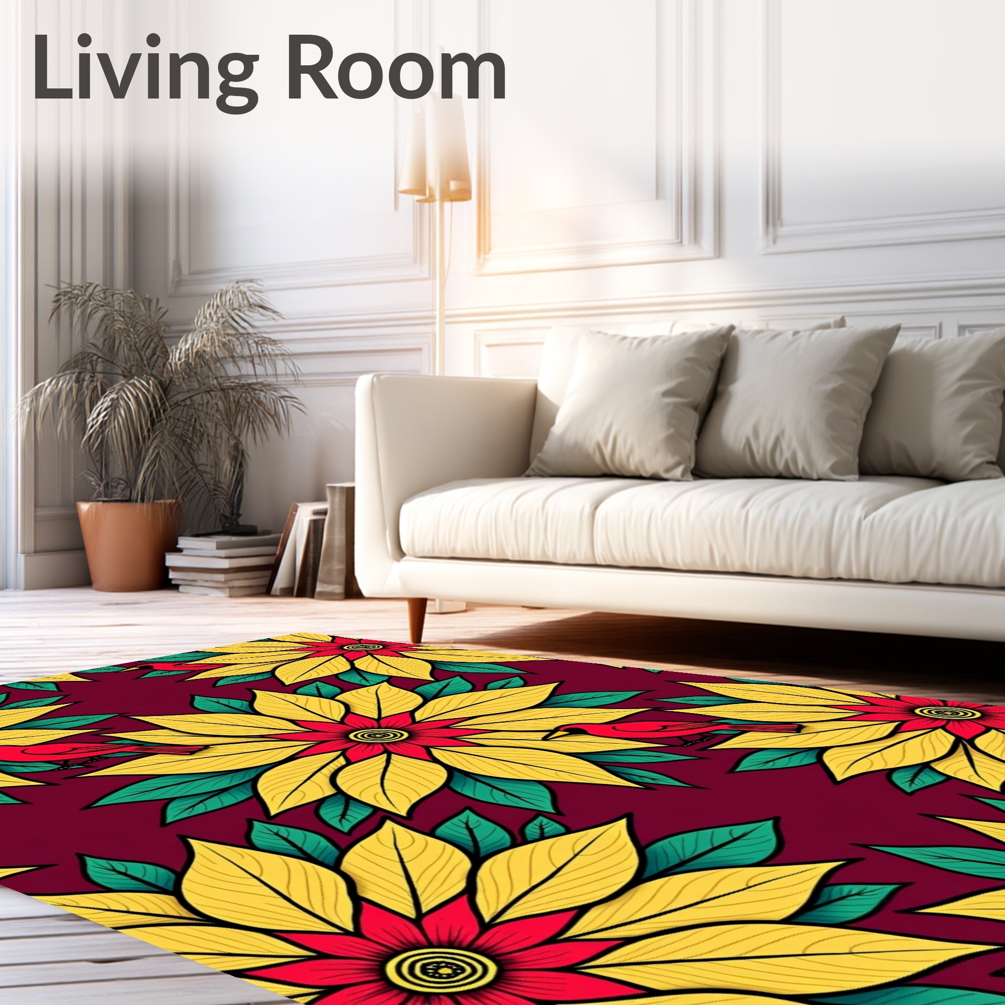 Vibrant Red Bird Yellow Floral Harmony Rug