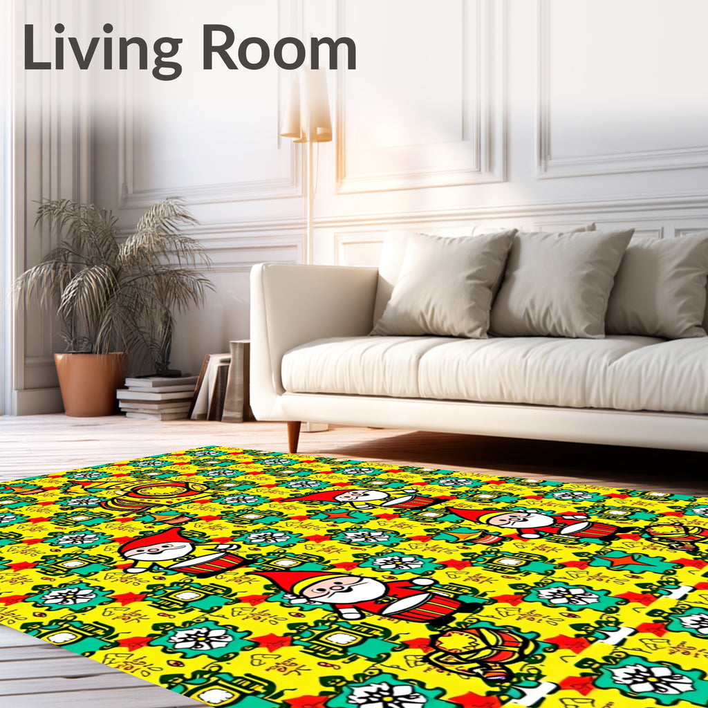 Whimsical Yellow Gnomes Floral Christmas Rug
