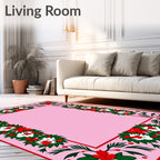 Festive Red Green Floral Wreath Border Rug