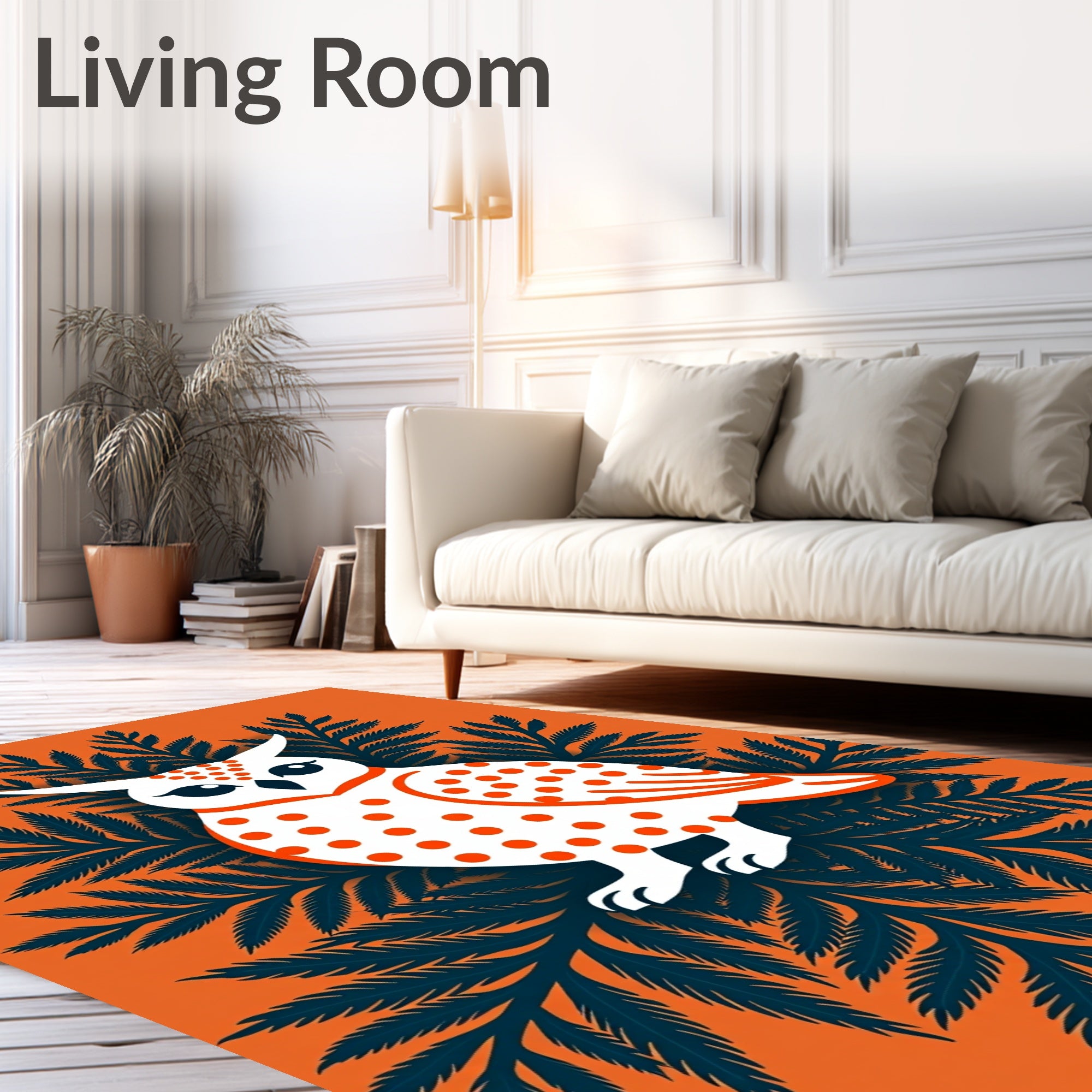 Whimsical Orange Polka Dot Owl Foliage Rug
