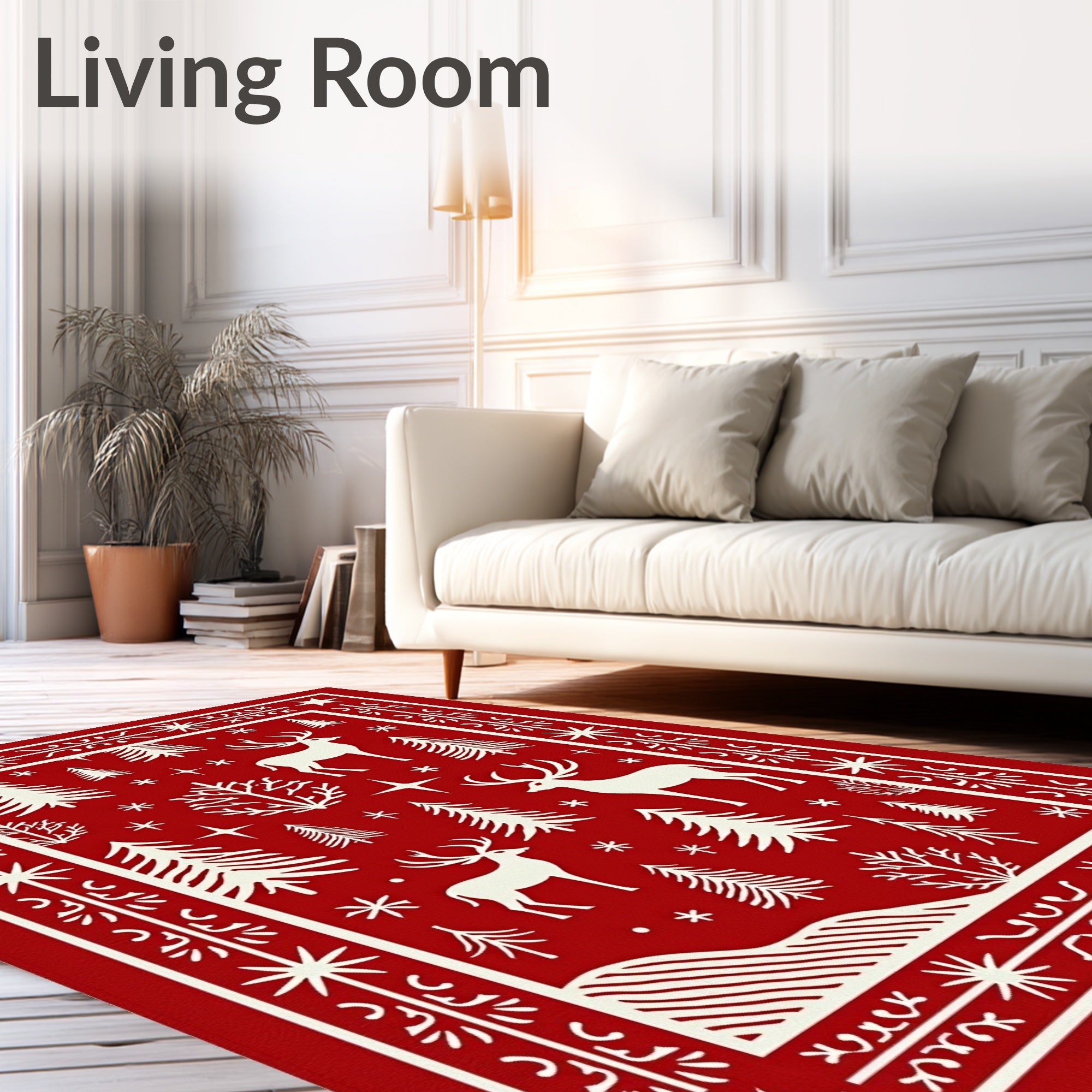 Red Festive Deer Forest Christmas Rug