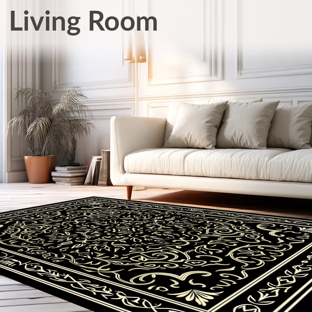 Classic Black and Gold Scrollwork Medallion Rug