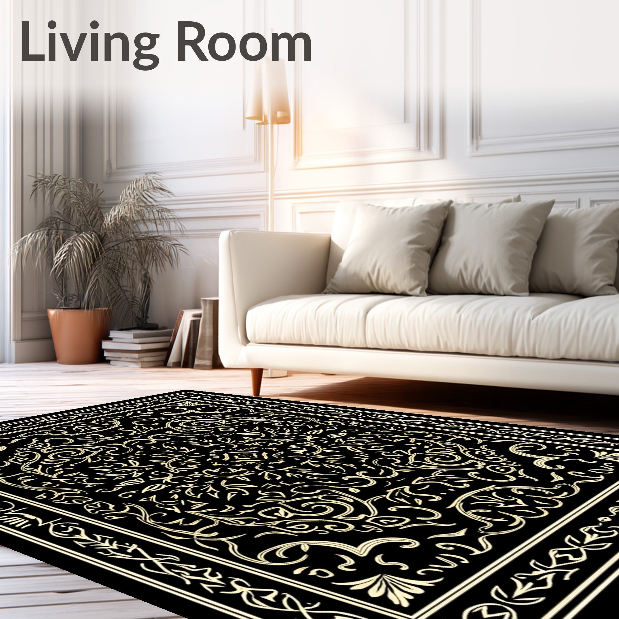 Classic Black and Gold Scrollwork Medallion Rug
