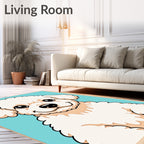 Fluffy White Dog Aqua Background Portrait Rug