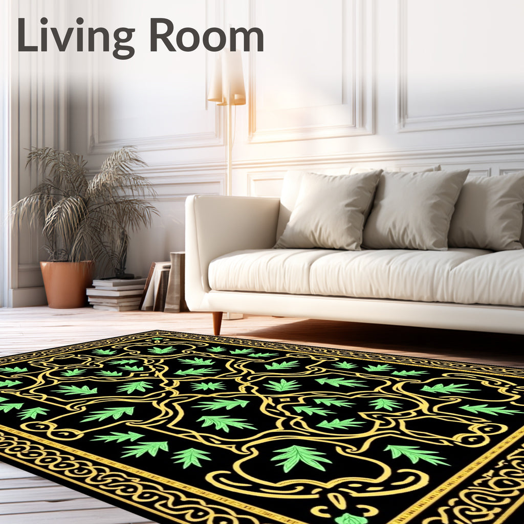 Golden Vine Leaf Black Floral Rug