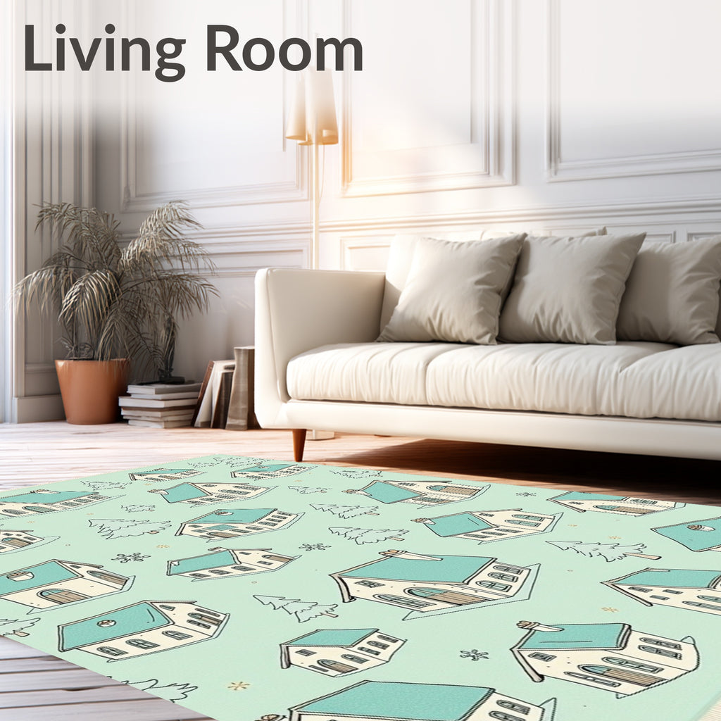 Winter Village Teal Roof Houses Rug