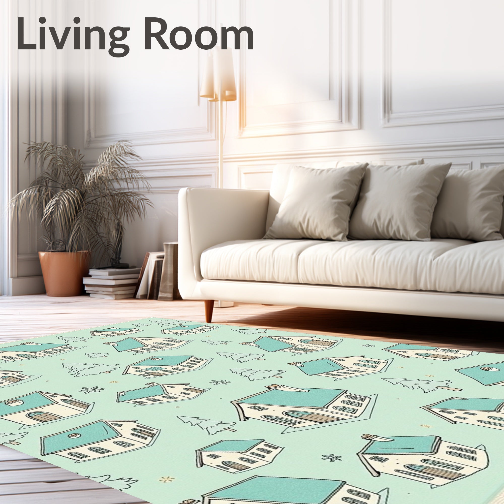 Winter Village Teal Roof Houses Rug