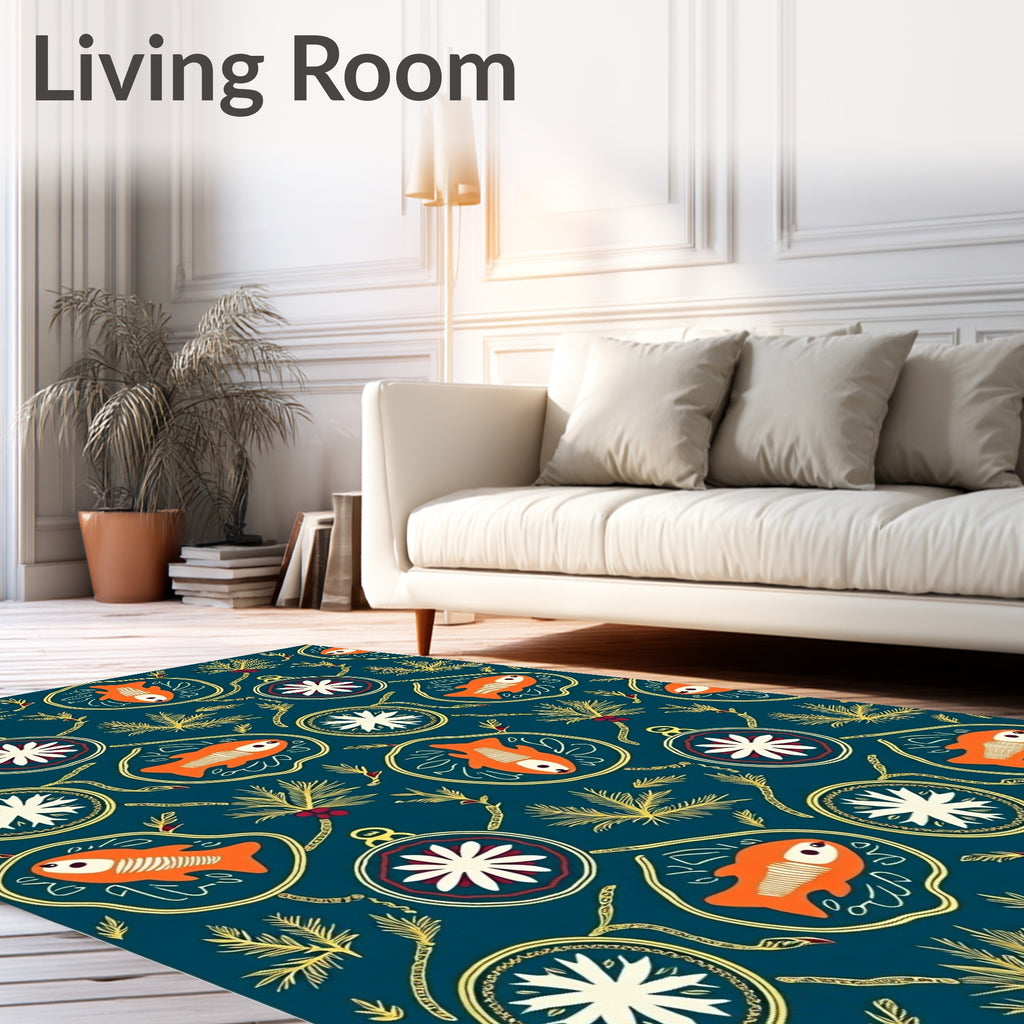 Orange Fish Pine Branch Ornament Rug