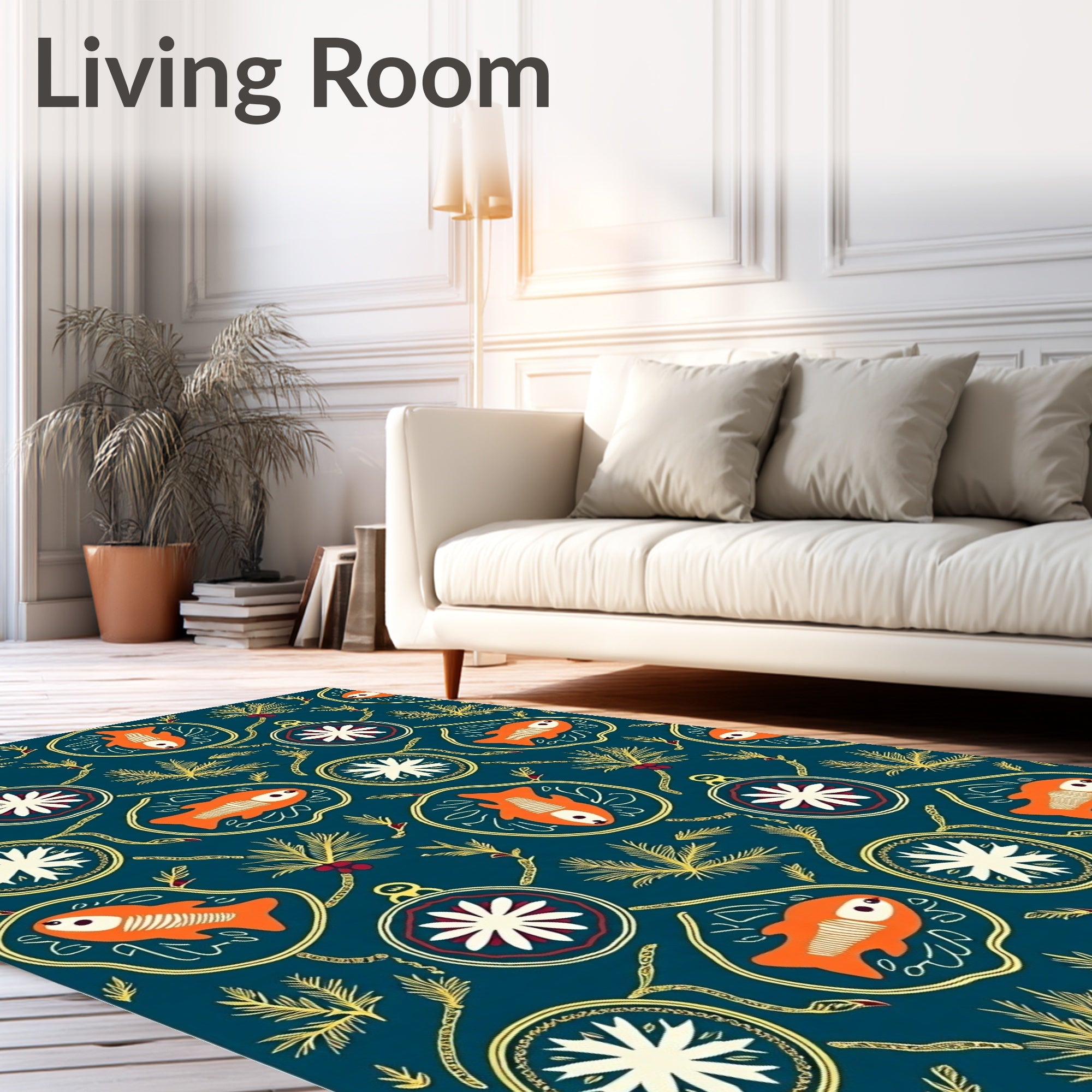 Orange Fish Pine Branch Ornament Rug