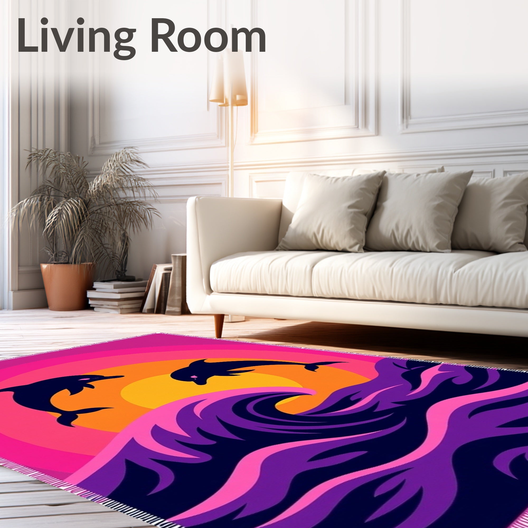 Vibrant Pink Sunset Dolphin Wave Rug