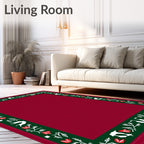 Crimson Green Floral Folk Art Border Rug