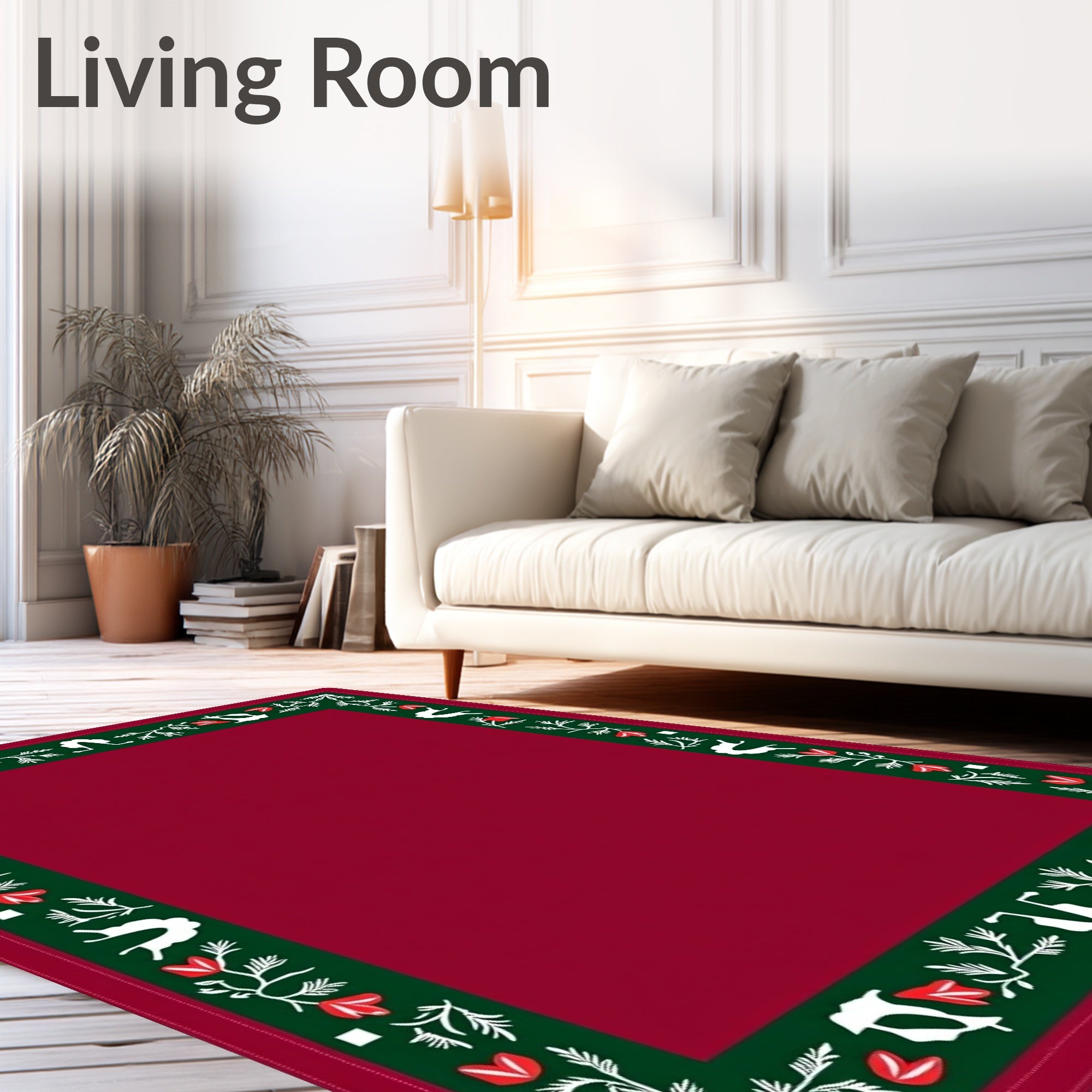 Crimson Green Floral Folk Art Border Rug
