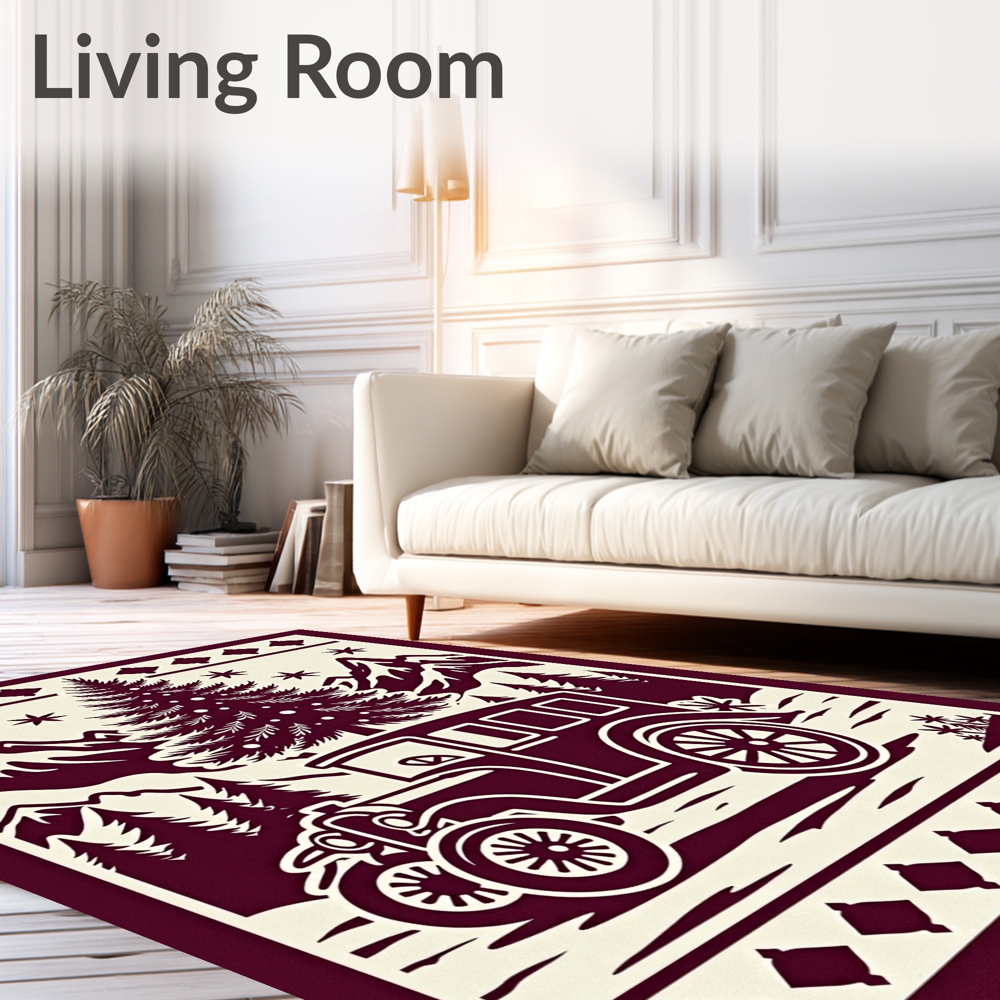 Crimson Vintage Car Evergreen Scene Rug