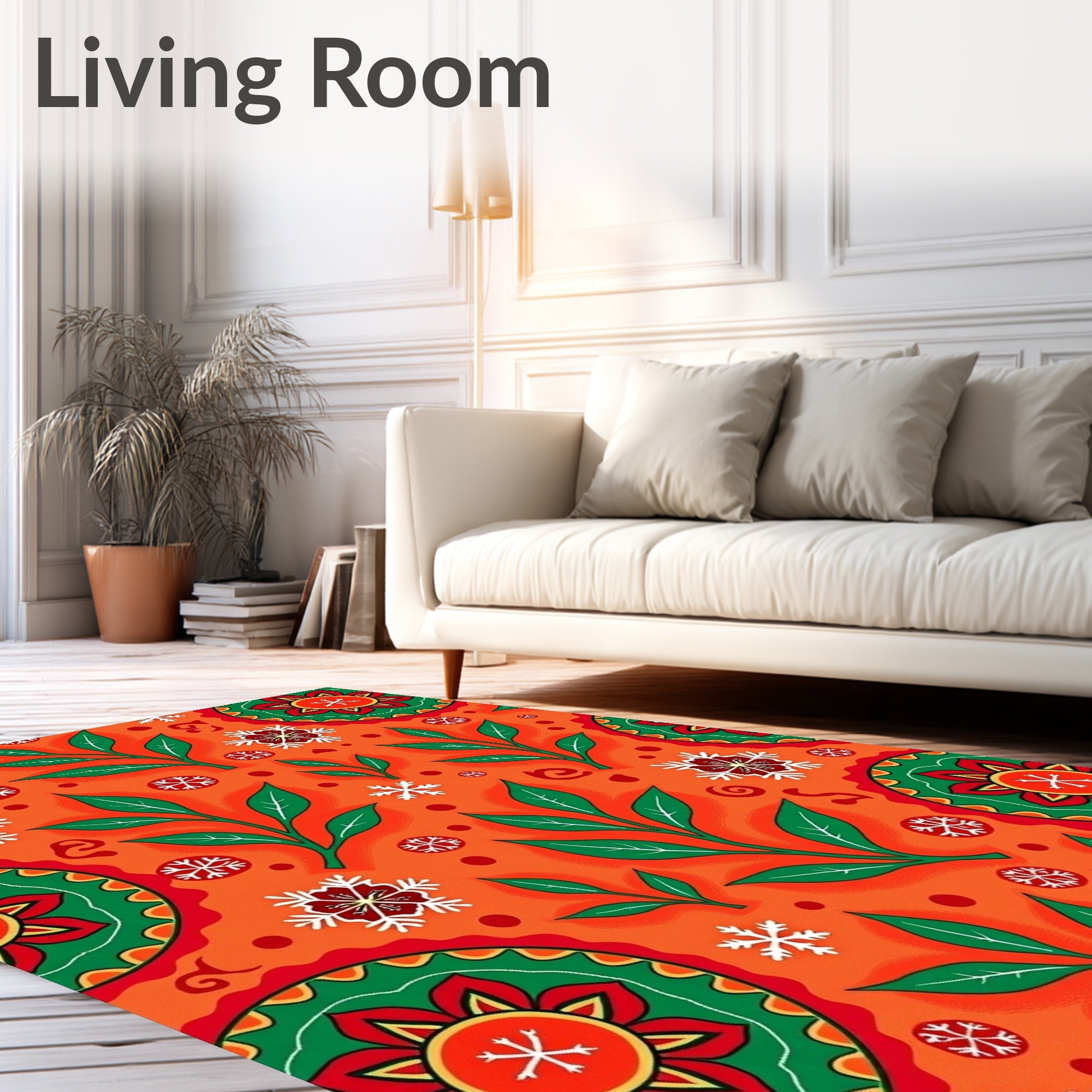 Vibrant Orange Floral Snowflake Foliage Rug