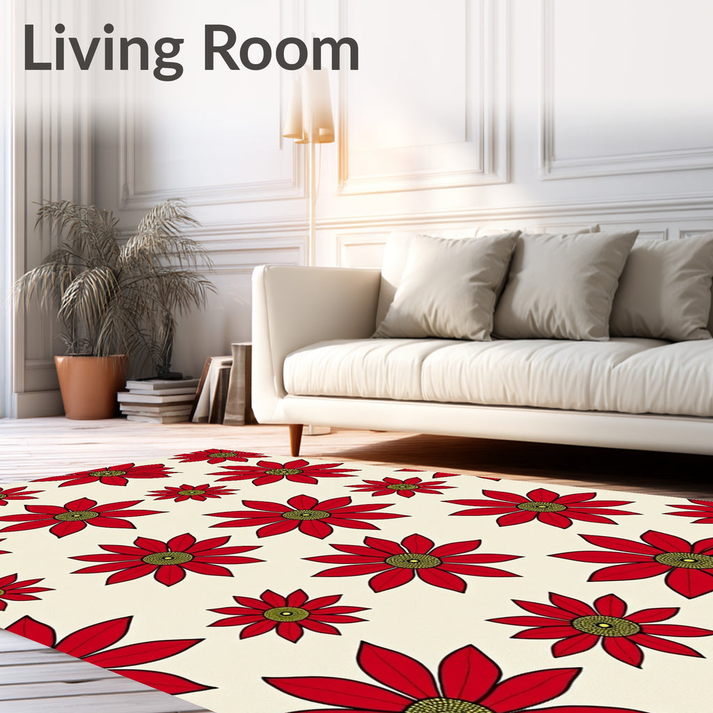 Red Daisy Floral Cream Background Rug