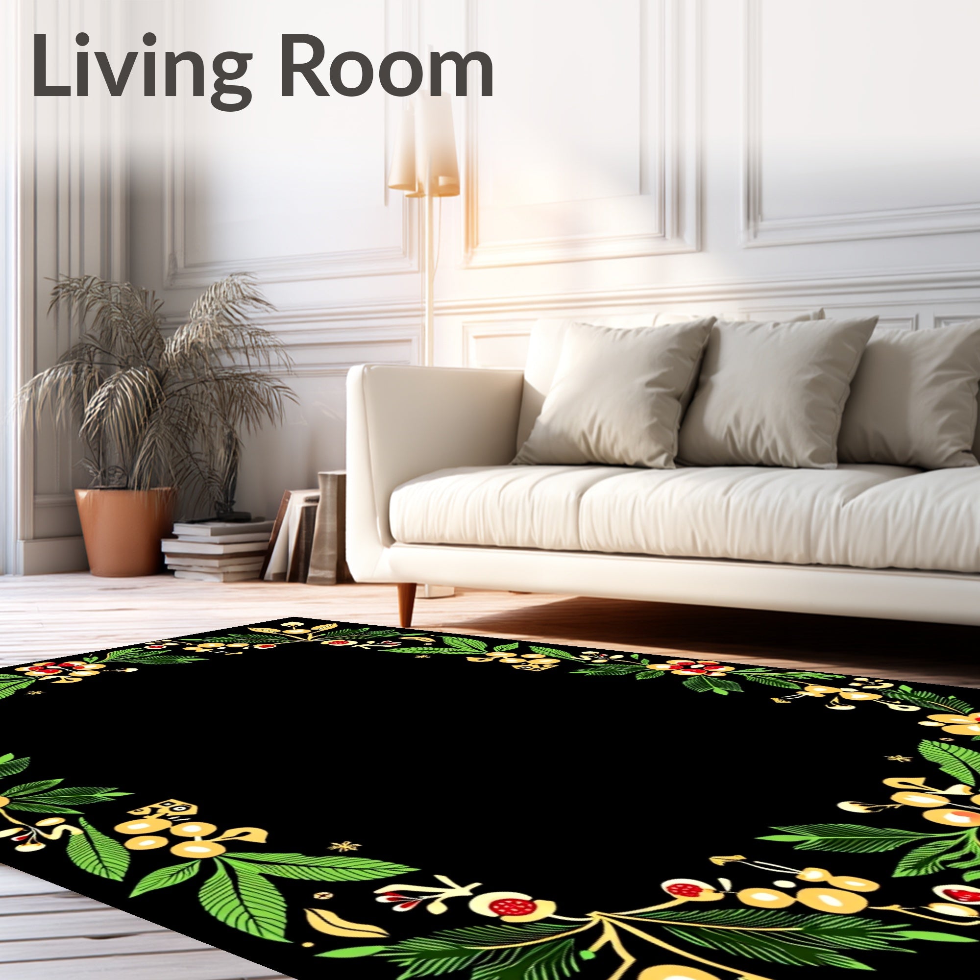 Yellow Red Green Floral Wreath Border Rug
