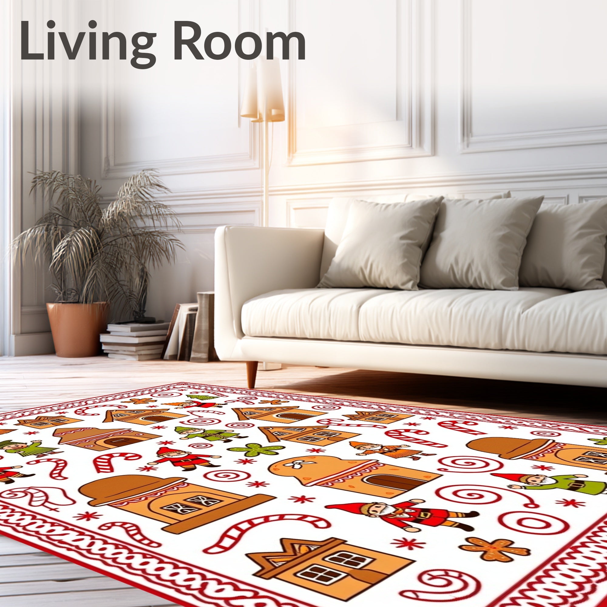 Cheerful Gingerbread Village Gnomes Candy Canes Rug