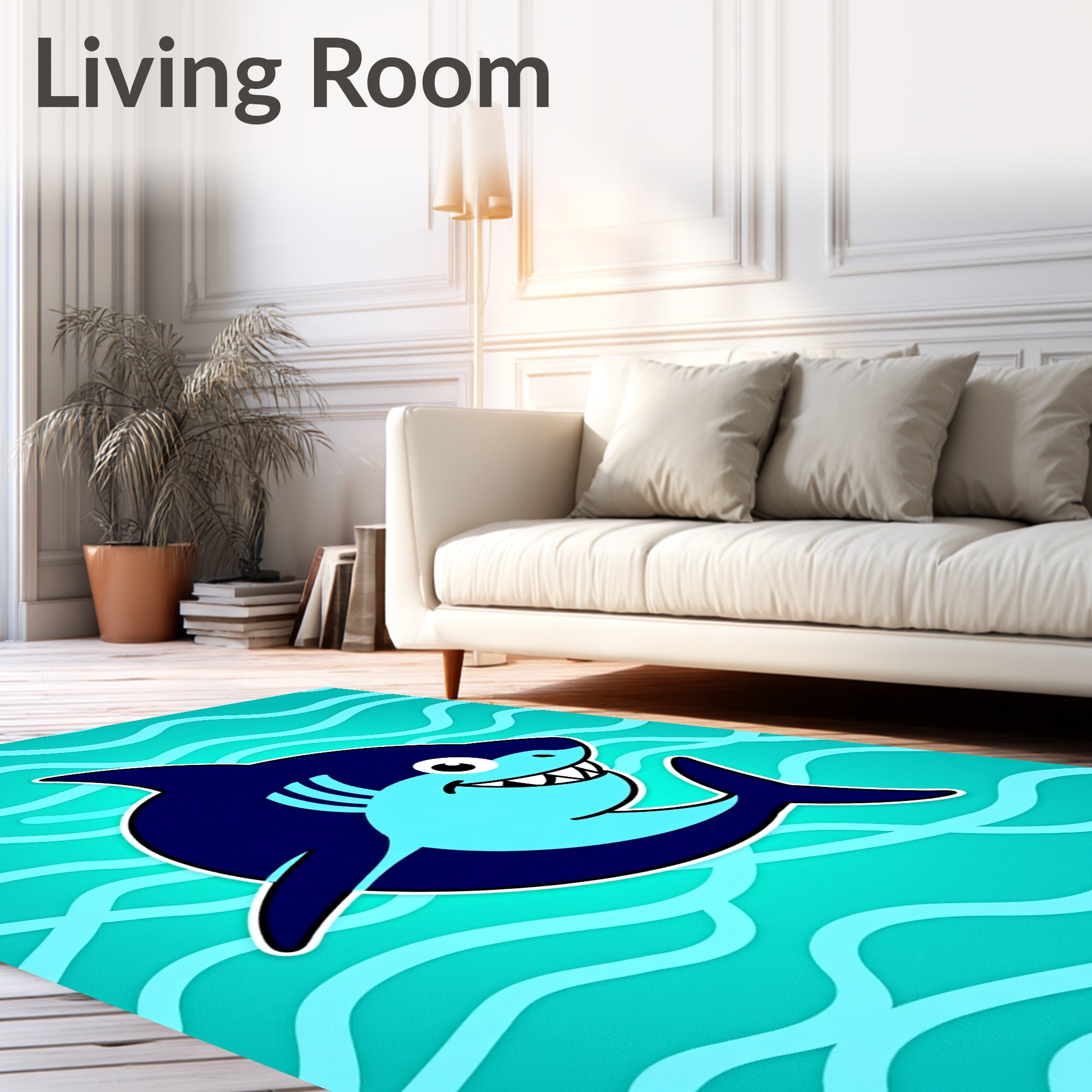 Playful Blue Shark Ocean Waves Rug