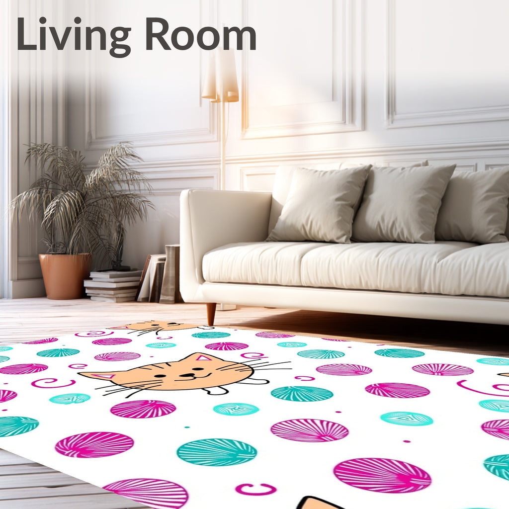 Playful Orange Cat Yarn Balls Rug