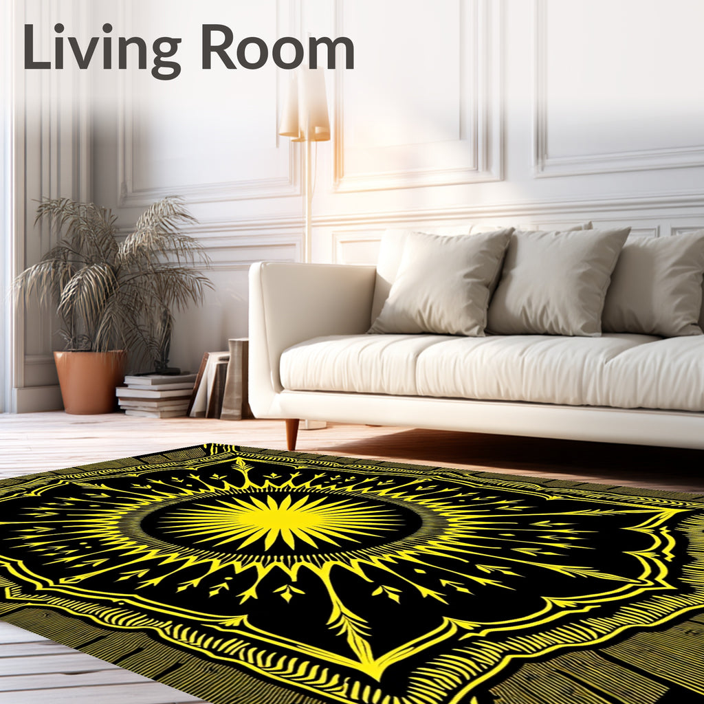 Yellow Sunburst Mandala Black Rug