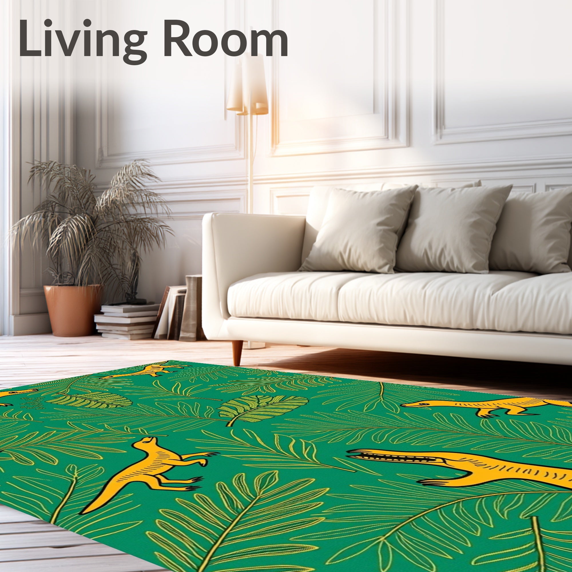 Yellow Dinosaurs Amidst Green Jungle Leaves Rug