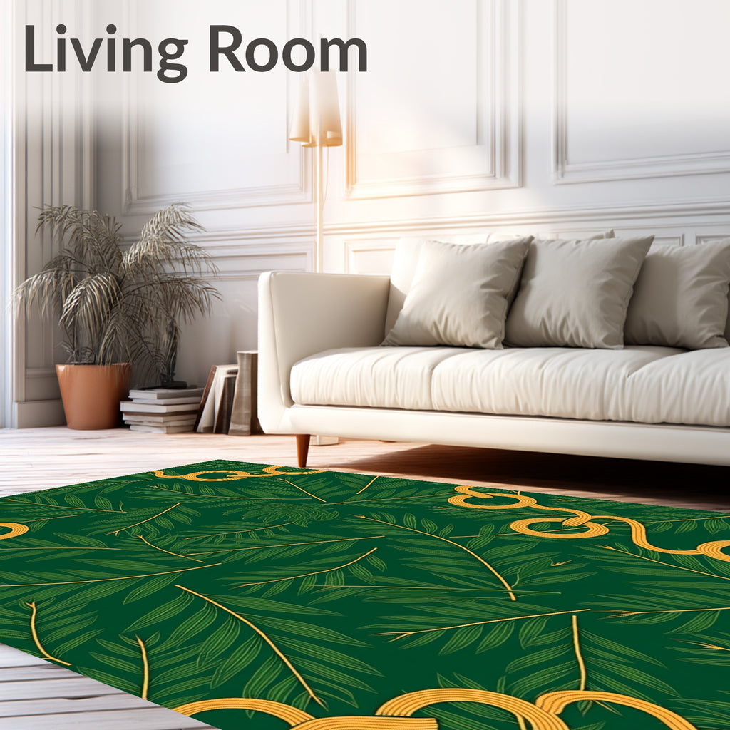 Deep Green Palm Leaf Gold Swirl Rug