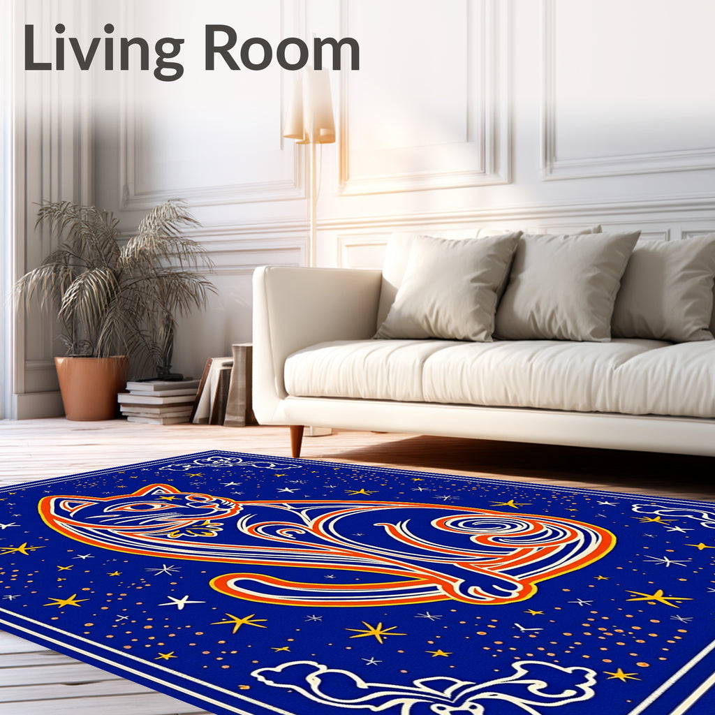 Cosmic Blue Cat Starry Night Rug