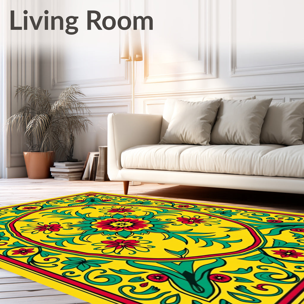 Vibrant Yellow Floral Medallion Accent Rug