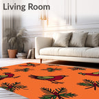 Red Birds Green Pine Sprigs Orange Rug