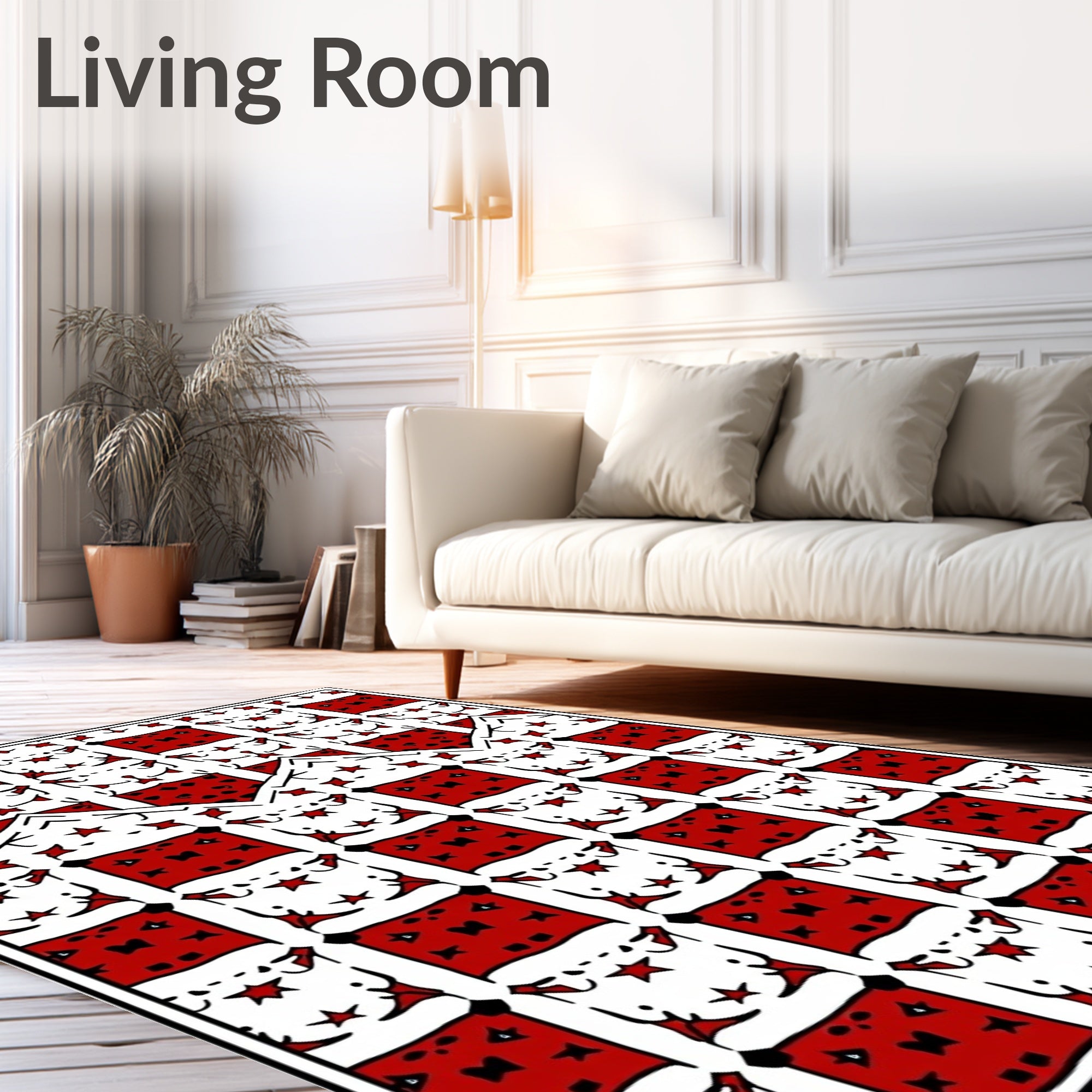 Red White Geometric Star Grid Rug