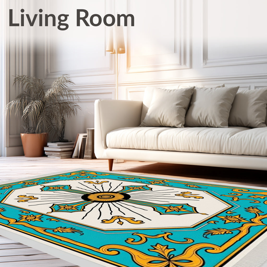 Turquoise Golden Sunburst Medallion Rug