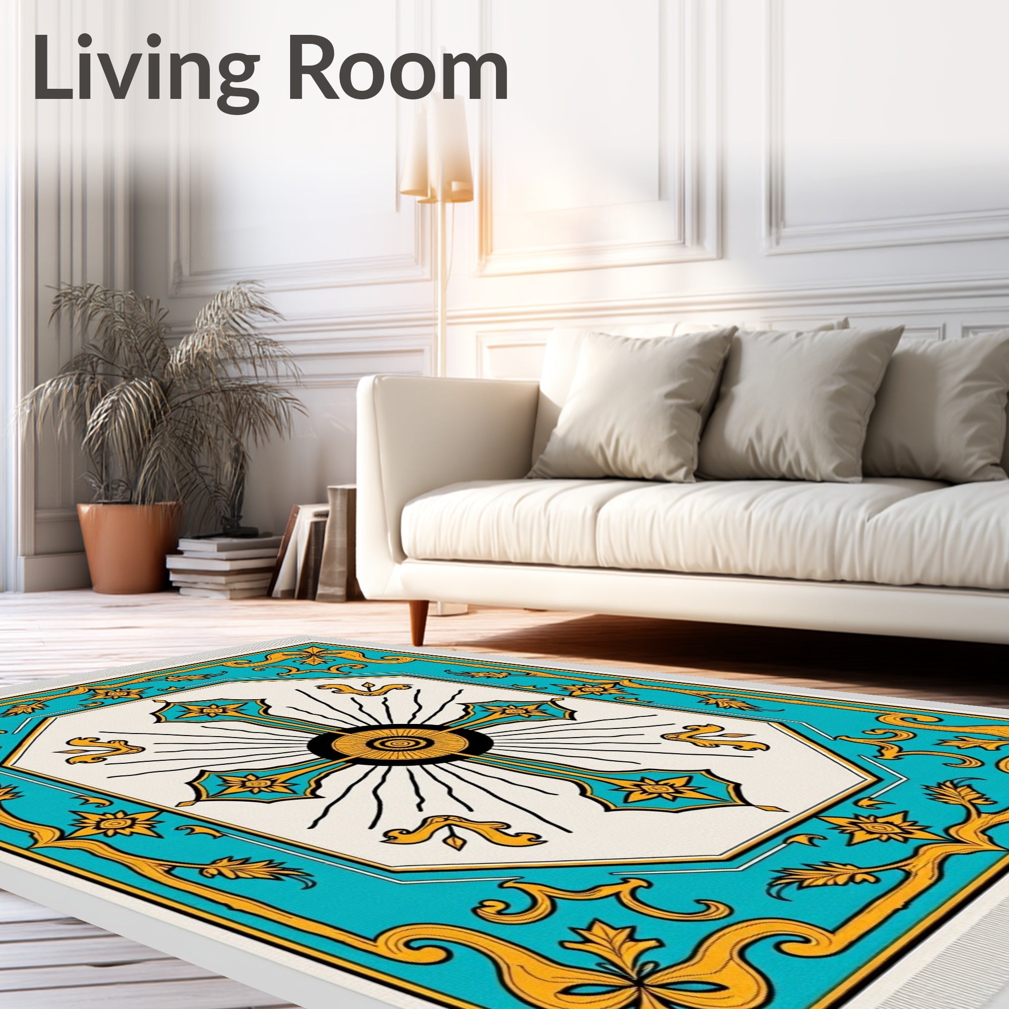 Turquoise Golden Sunburst Medallion Rug