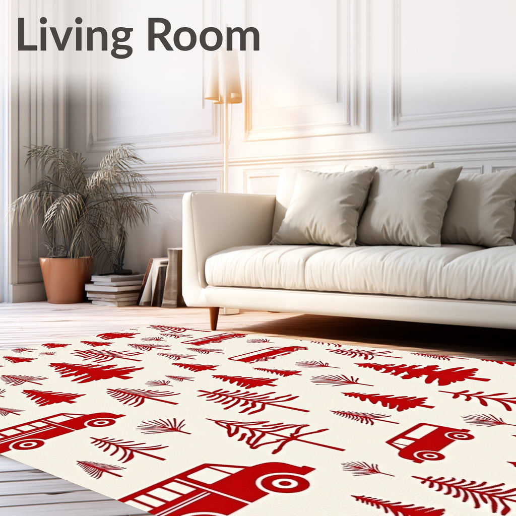 Red Retro Vehicle Tree Silhouette Rug
