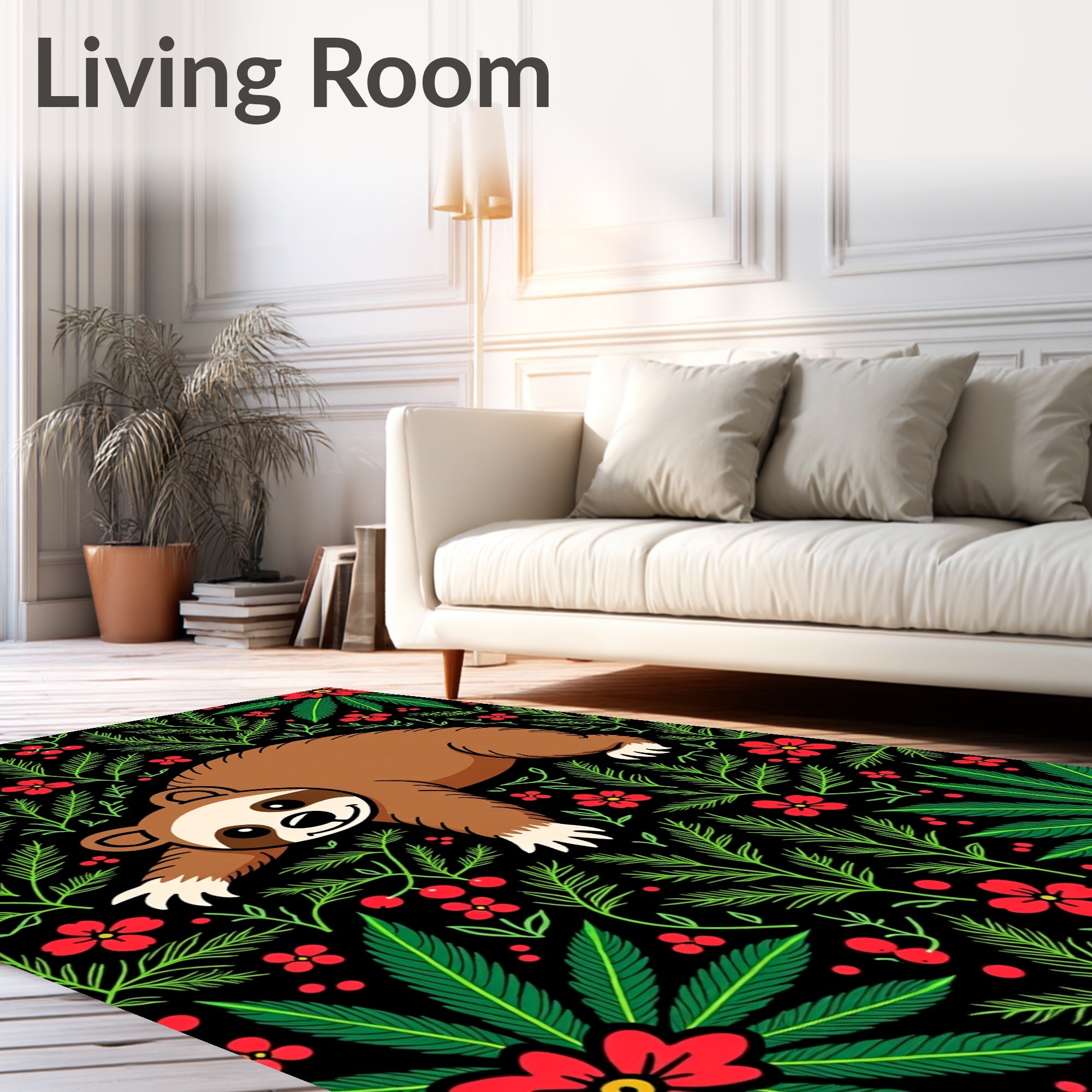 Whimsical Sloth Red Floral Foliage Rug